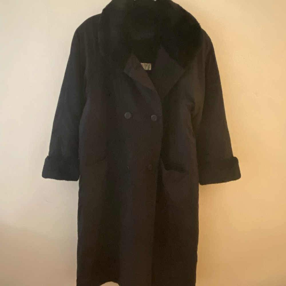 VINTAGE LARRY LEVINE DESIGNS FAUX FUR TRIM LINED DOUBLE BREASTED OUTERCOAT